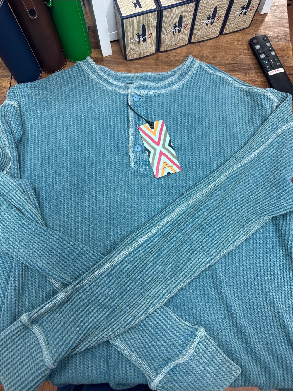 True Grit Long Sleeve Waffle Henley in Teal